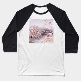 Sakura blooming trees, bridge on river watercolor. Cherry blossom scenery. Spring nature Baseball T-Shirt